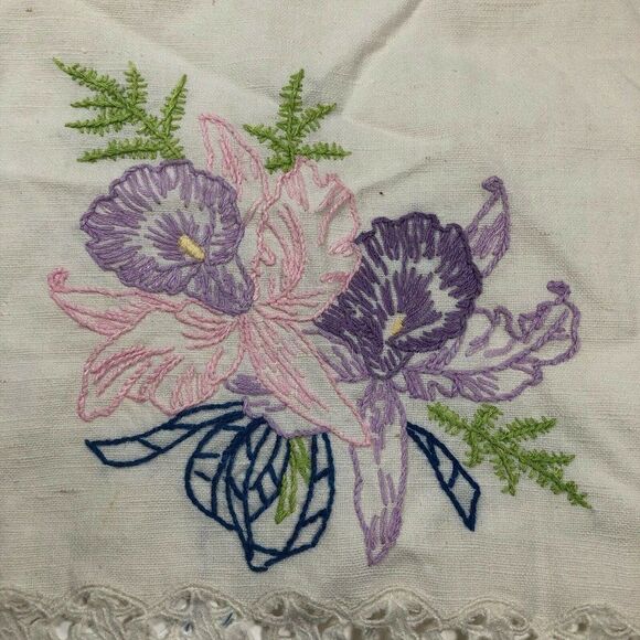 Vintage Pink Purple Needlepoint Crewel Iris Floral Napkin 18”X11” Cottagecore - Picture 1 of 5